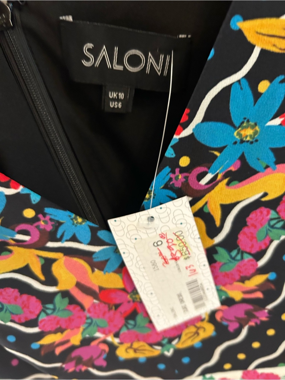 🖤 NWT! Saloni Black Silk Floral Zuri V-Neck Handkerchief Hem Dress - Picture 7 of 9